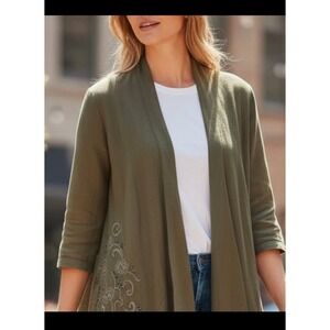 Peck & Peck Linen Cardigan Womens Small Olive Green Beaded Embroidered Lagenlook
